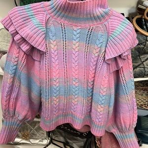 Something Navy ruffle mock neck sweater in ombré pastel. Sold out everywhere